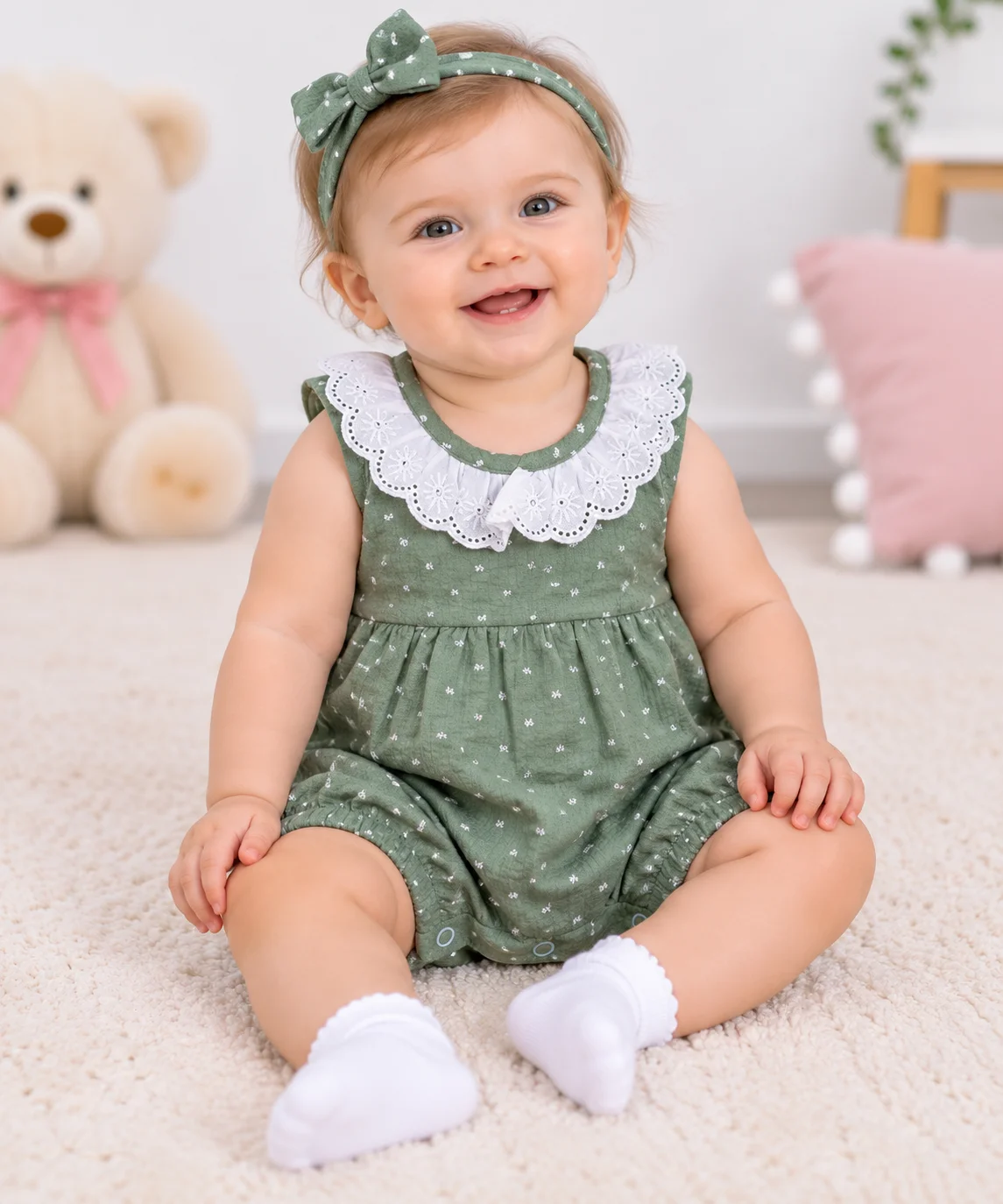 Kidex’s Baby Girls Sleeveless Dotted Romper with Lace Collar – green