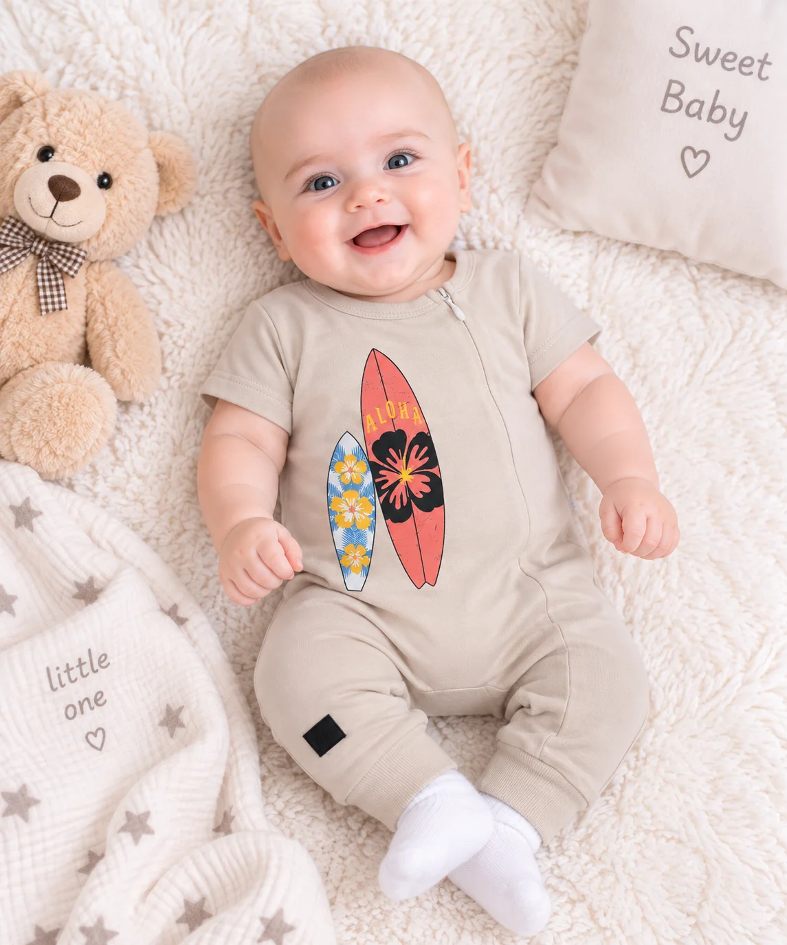 Kidex’s Baby Boys Short-Sleeve Surfboard Print Jumpsuit – beige color option
