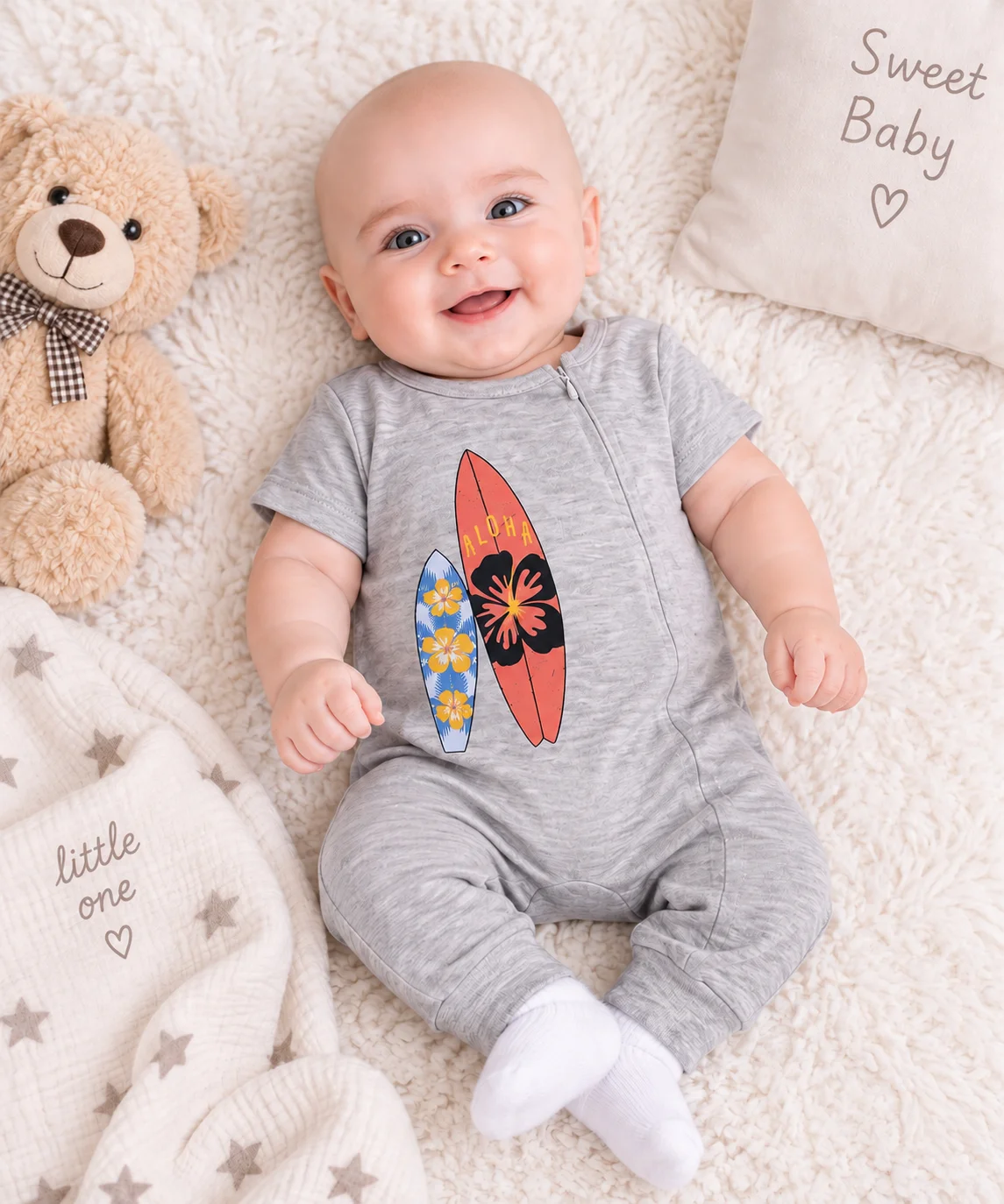 Kidex’s Baby Boys Short-Sleeve Surfboard Print Jumpsuit – Gray color option