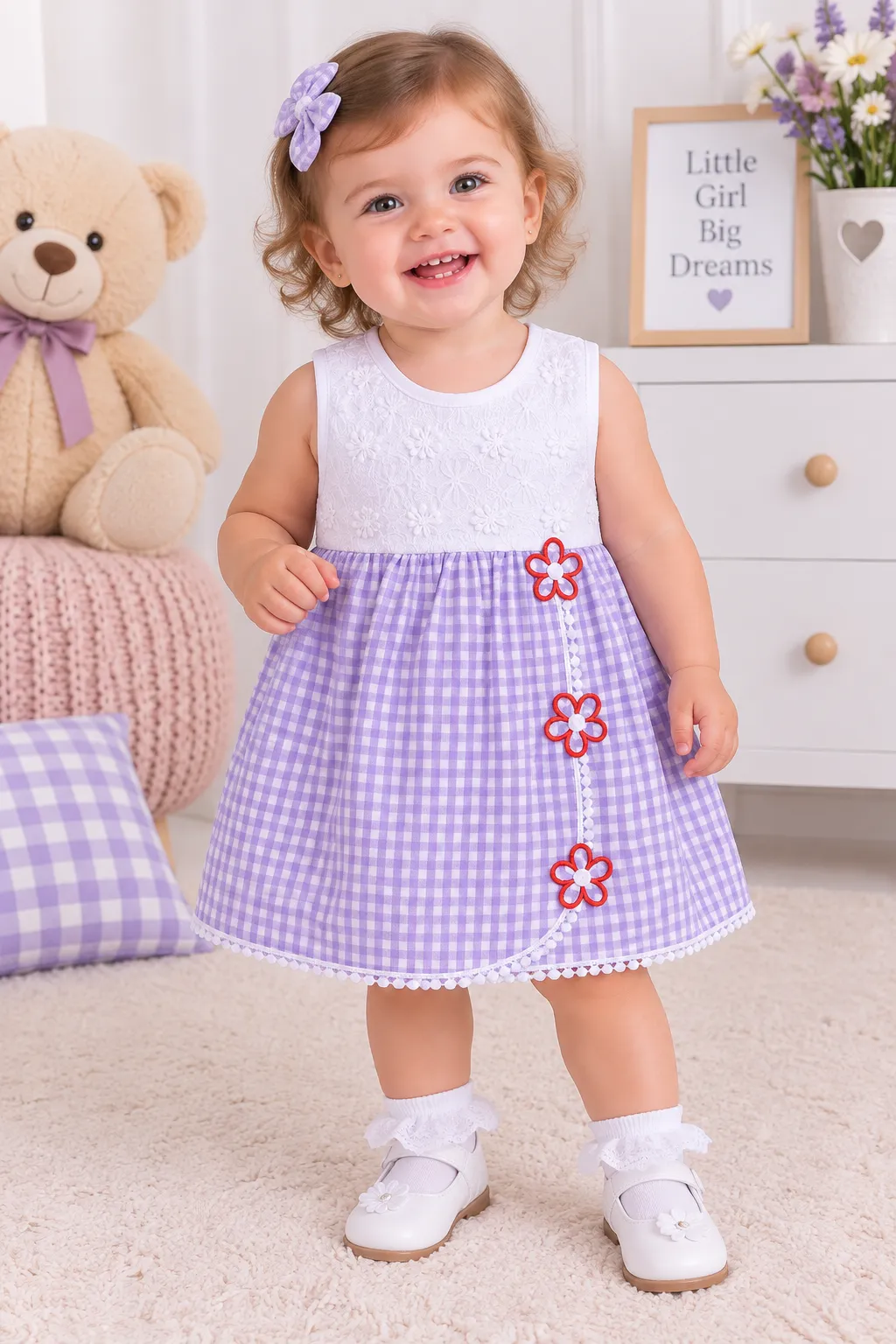 Kidex’s Girls Sleeveless Checkered Dress with Floral Details – White & purple