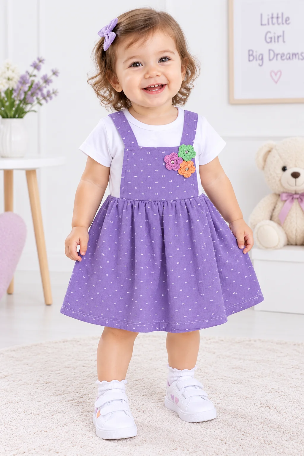 Kidex’s Girls’ Purple Pinafore Dress with White Short-Sleeve Top & Floral Detail color option
