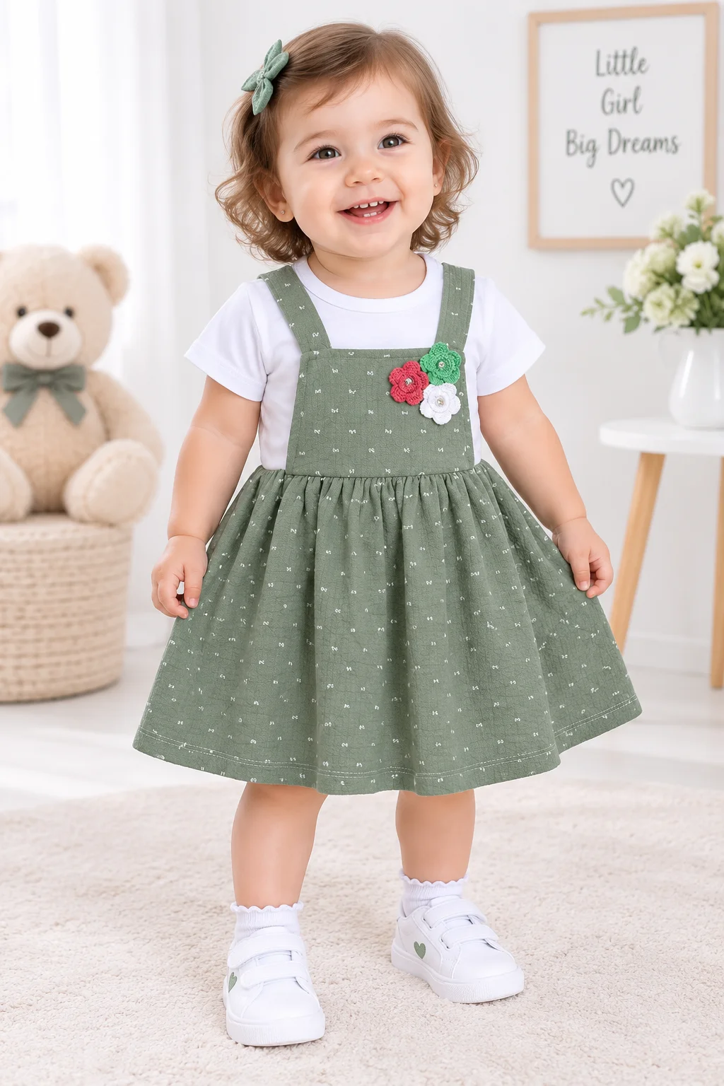 Kidex’s Girls’ Green Pinafore Dress with White Short-Sleeve Top & Floral Detail color option