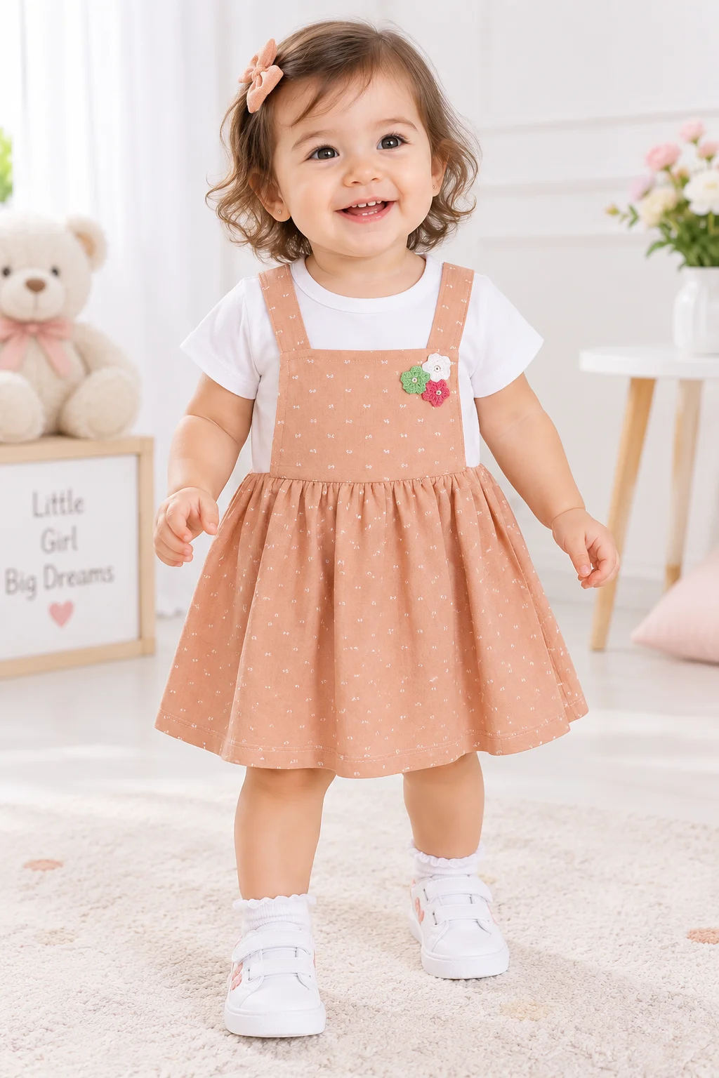 Kidex’s Girls’ Peach Pinafore Dress with White Short-Sleeve Top & Floral Detail color option