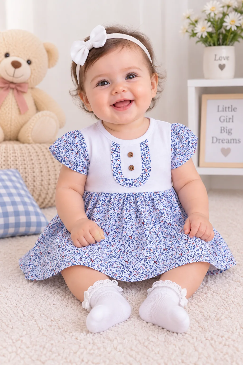 Kidex’s Girls Floral Short-Sleeve Dress – White & Blue color option