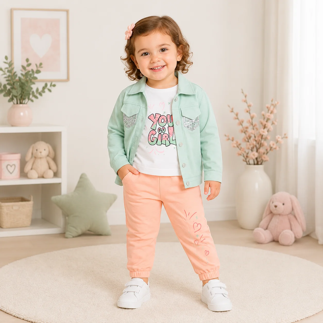 Kidex's Girls’ 3-Piece Set – Long-Sleeve T-Shirt, Jacket & Jogger Pants – White, Mint Green & Peach color option