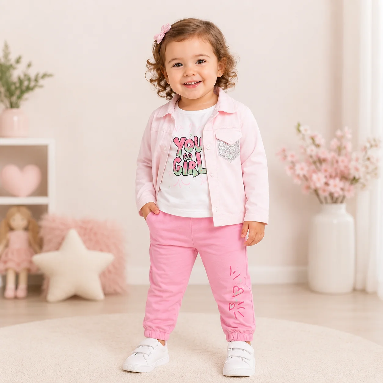 Kidex's Girls’ 3-Piece Set – Long-Sleeve T-Shirt, Jacket & Jogger Pants – White, pink & Light Pink color option