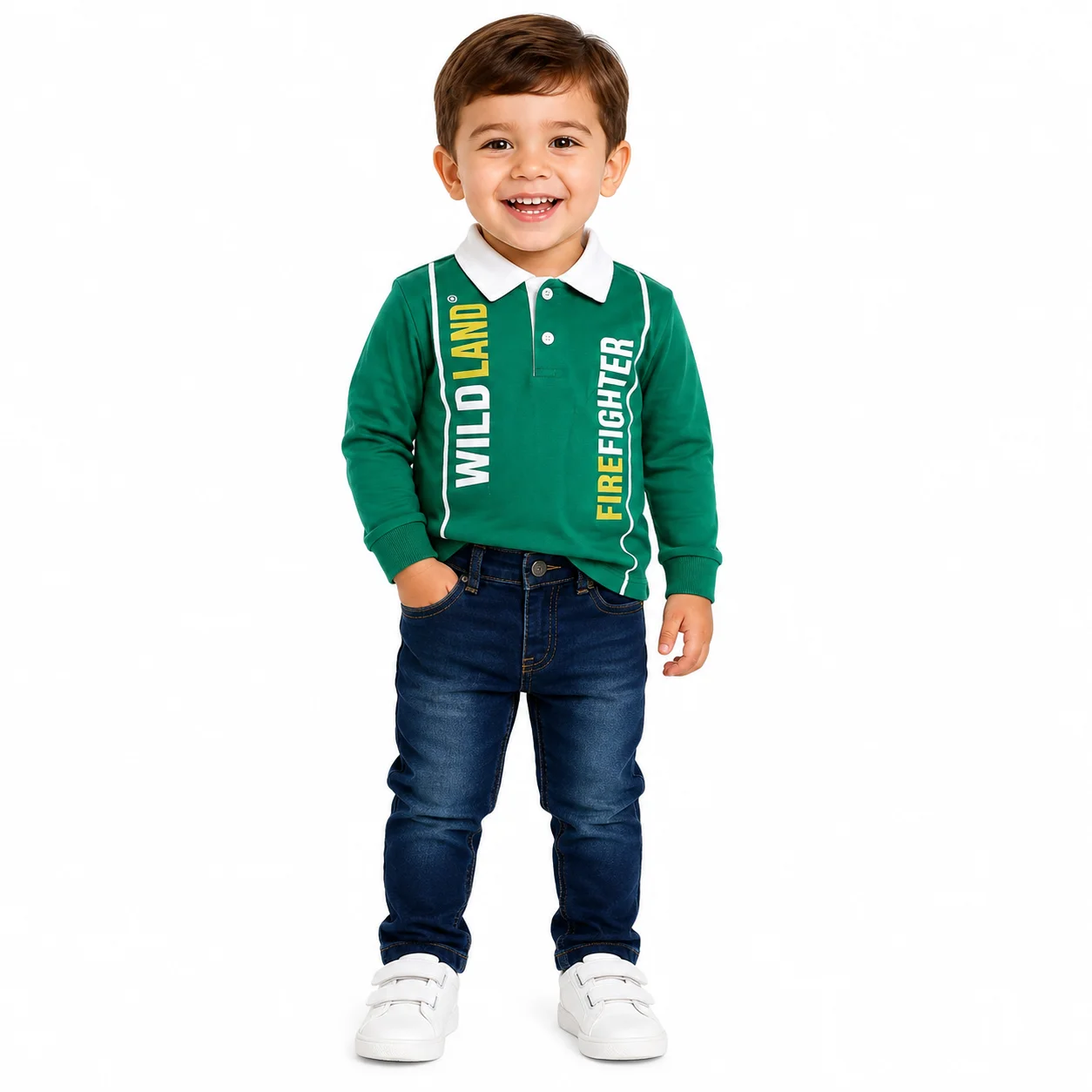 Kidex's Kids’ Polo Shirt & Denim Jeans Set  Long Sleeves  Cotton & Denim- green & Dark Blue color option