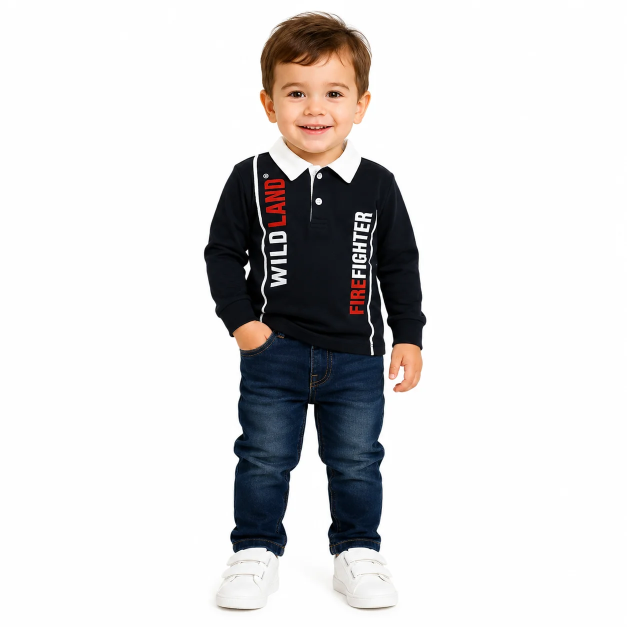 Kidex's Kids’ Polo Shirt & Denim Jeans Set Long Sleeves Cotton & Denim black & Dark Blue