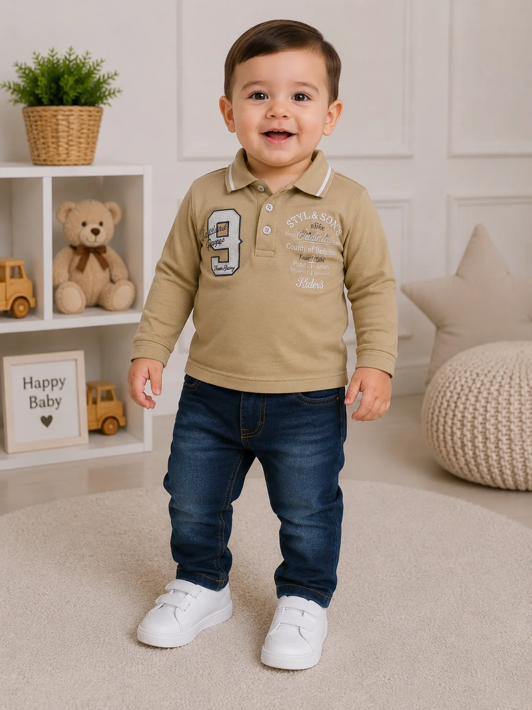 Kidex's Boys’ 2-Piece Set – Long-Sleeve Polo Shirt & Denim Jeans – Beige & Dark Blue
