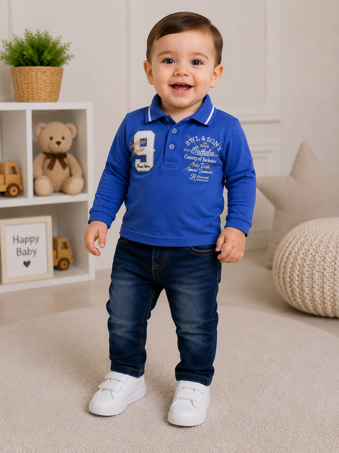 Kidex's Boys’ 2-Piece Set – Long-Sleeve Polo Shirt & Denim Jeans – blue & Dark Blue color option