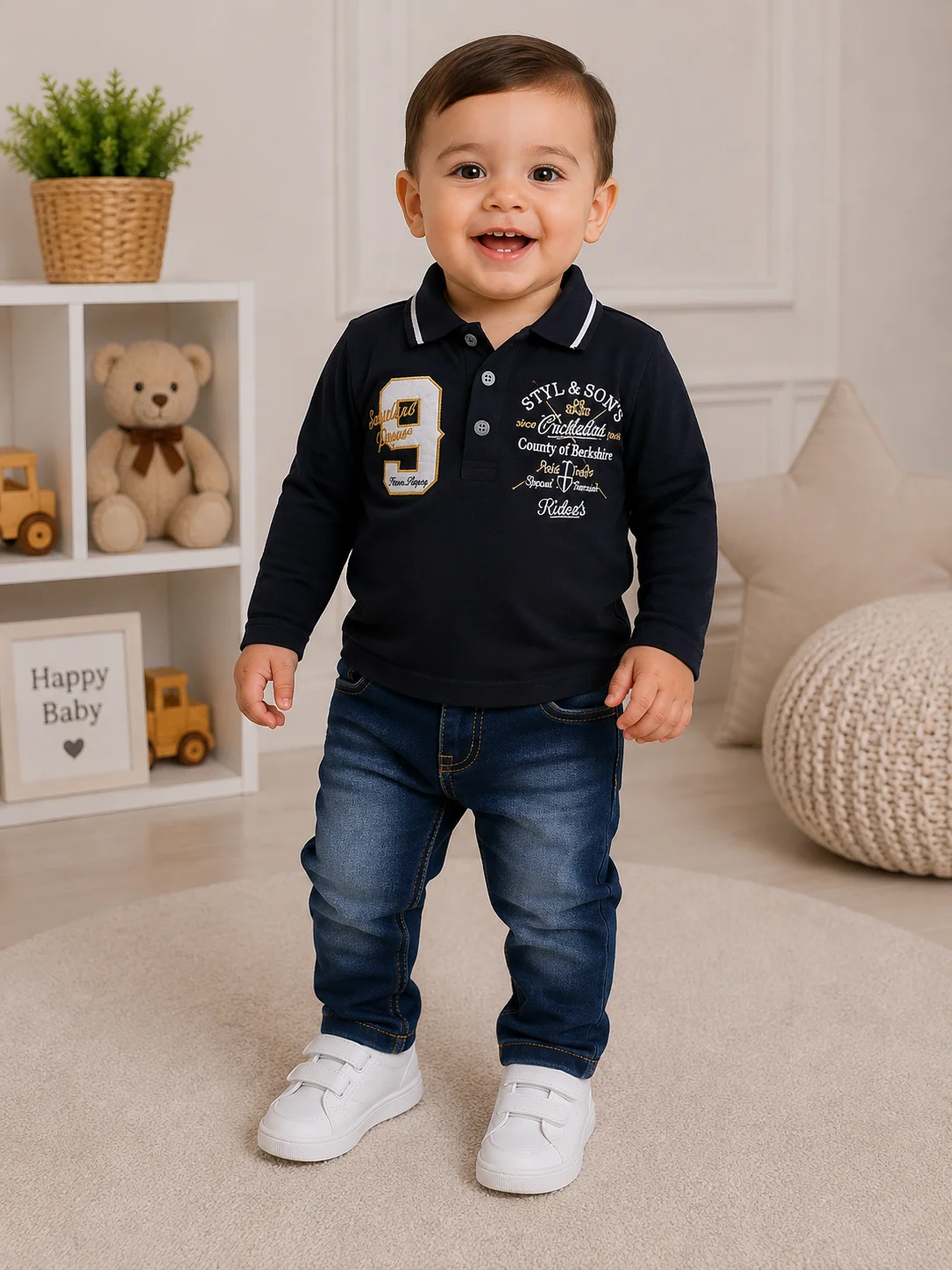 Kidex's Boys’ 2-Piece Set – Long-Sleeve Polo Shirt & Denim Jeans – black & Dark Blue color option