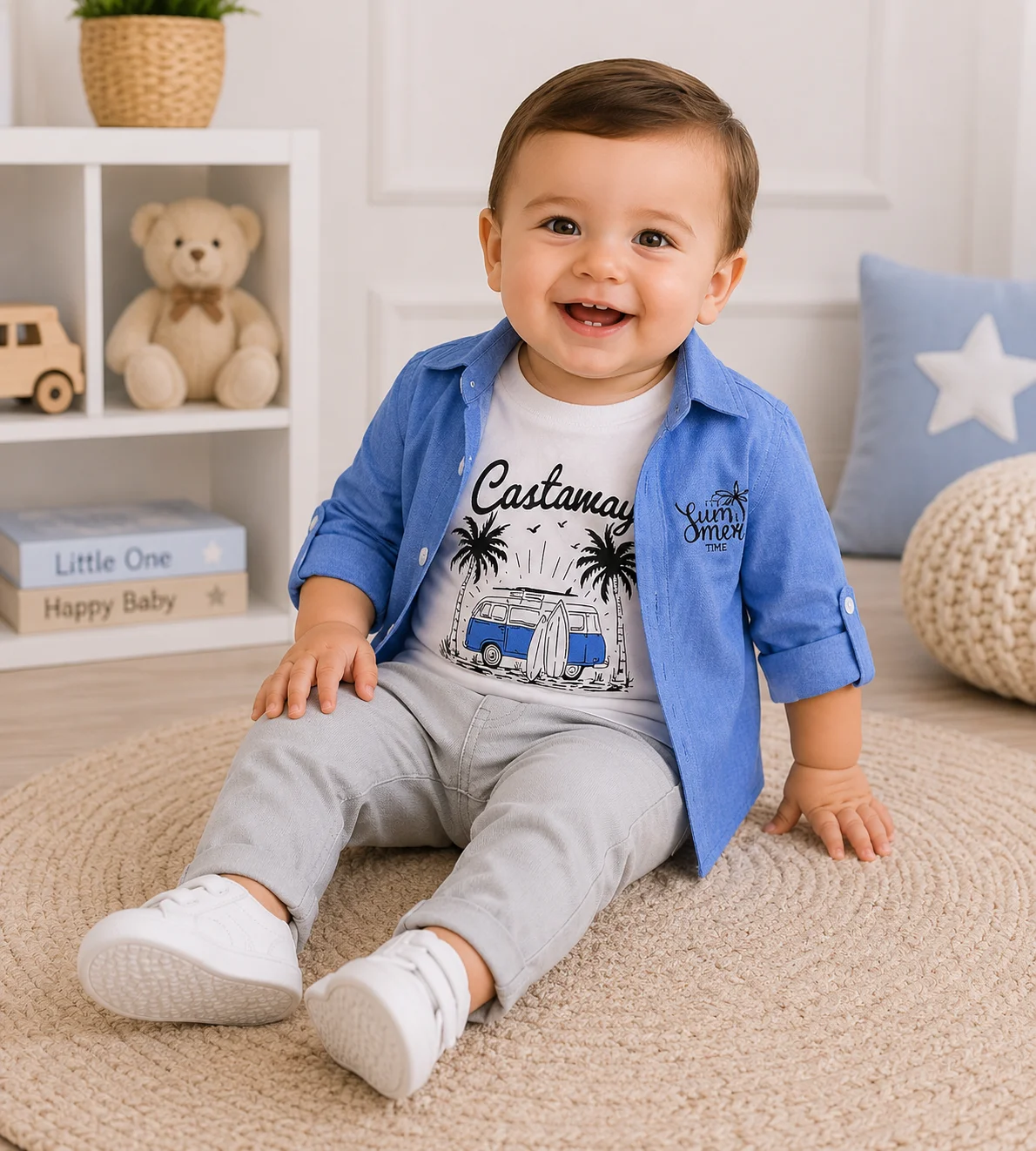 Kidex's Boys’ 3-Piece Set – Printed Short-Sleeve T-Shirt, Long-Sleeve Shirt & Pants – White, Blue & Light Gray color option