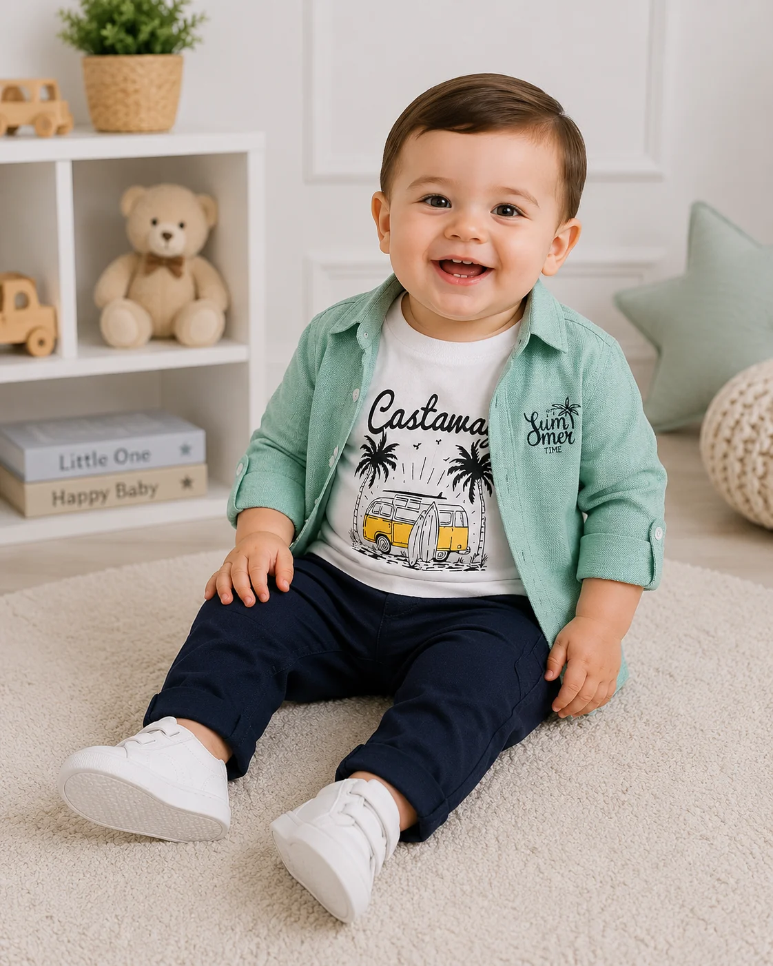 Kidex's Boys’ 3-Piece Set – Printed Short-Sleeve T-Shirt, Long-Sleeve Shirt & Pants – White, Mint Green & Navy Blue color option