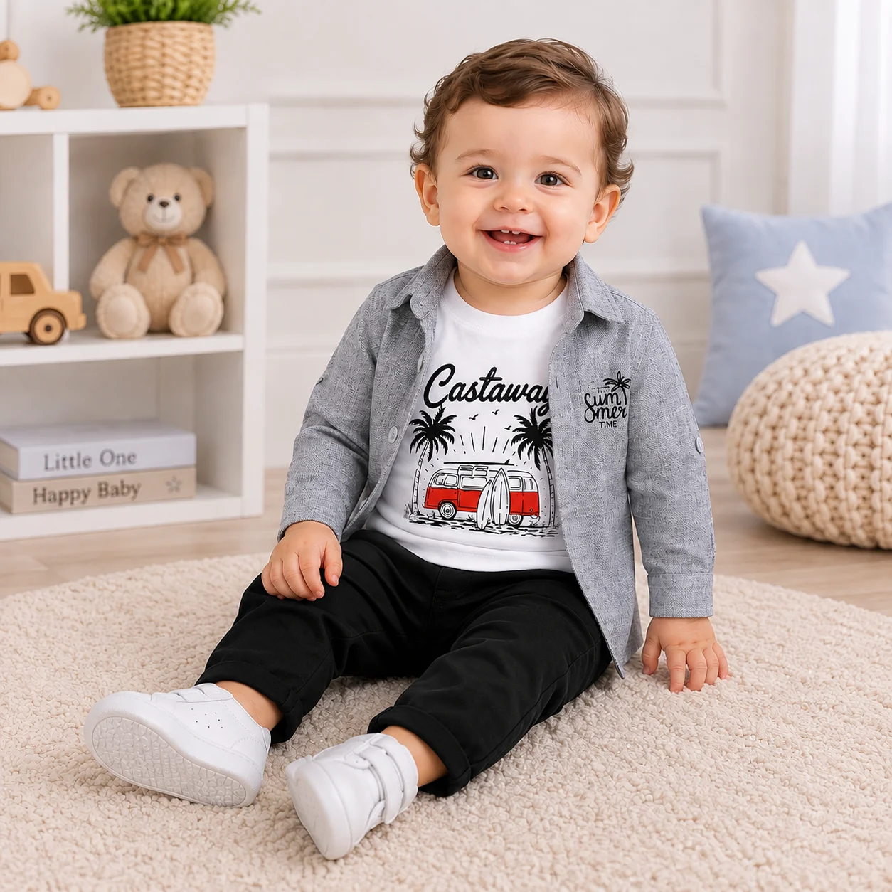 Kidex's Boys’ 3-Piece Set – Printed Short-Sleeve T-Shirt, Long-Sleeve Shirt & Pants – White, Gray & Black color option