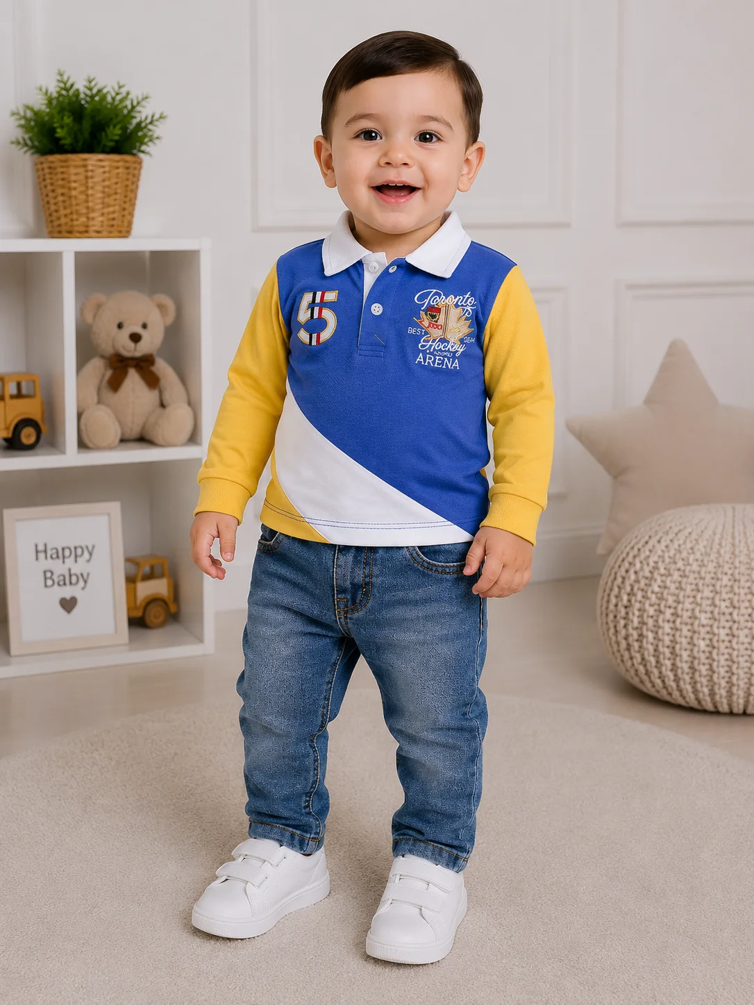 Kidex's Boys’ 2-Piece Set – Long-Sleeve Polo Shirt & Denim Jeans – Blue, Yellow & White color option