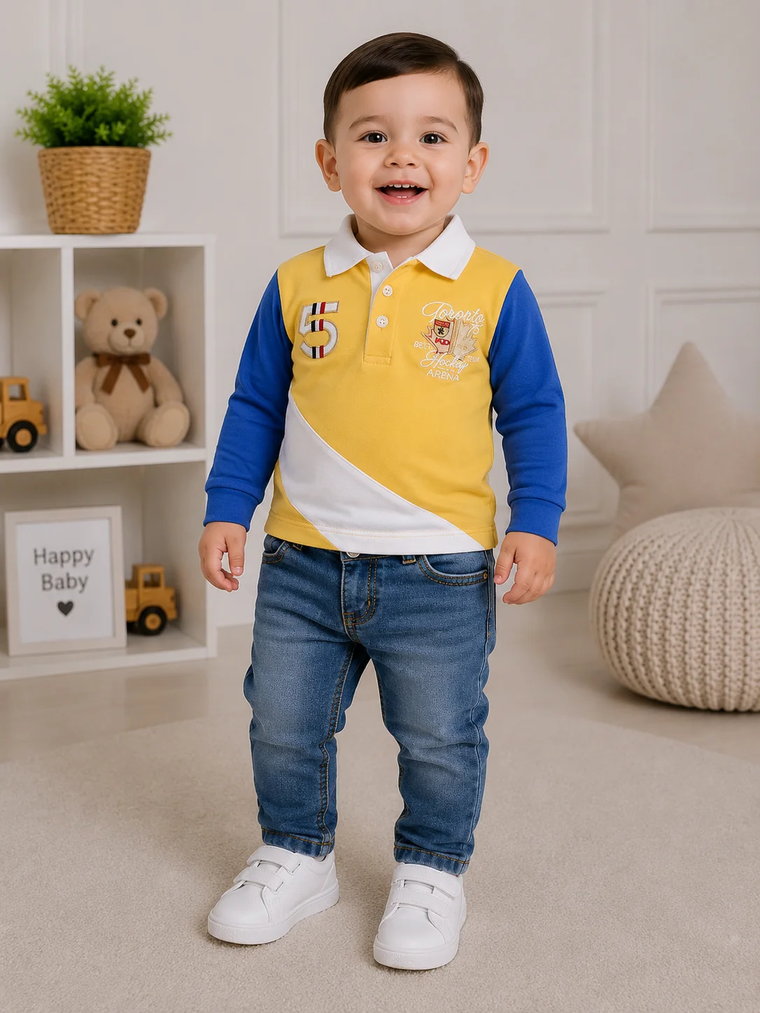 Kidex's Boys’ 2-Piece Set – Long-Sleeve Polo Shirt & Denim Jeans – Blue, Yellow & White color option