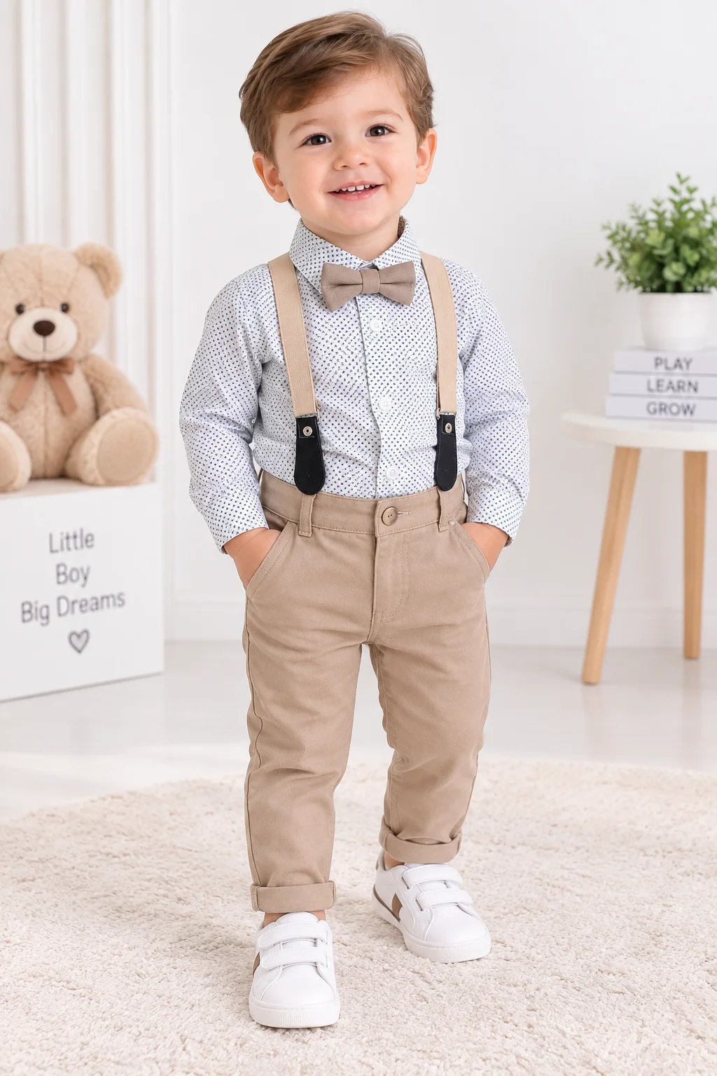 Kidex's Boys Long-Sleeve Shirt with Suspenders, Bow Tie & Pants Set – Beige