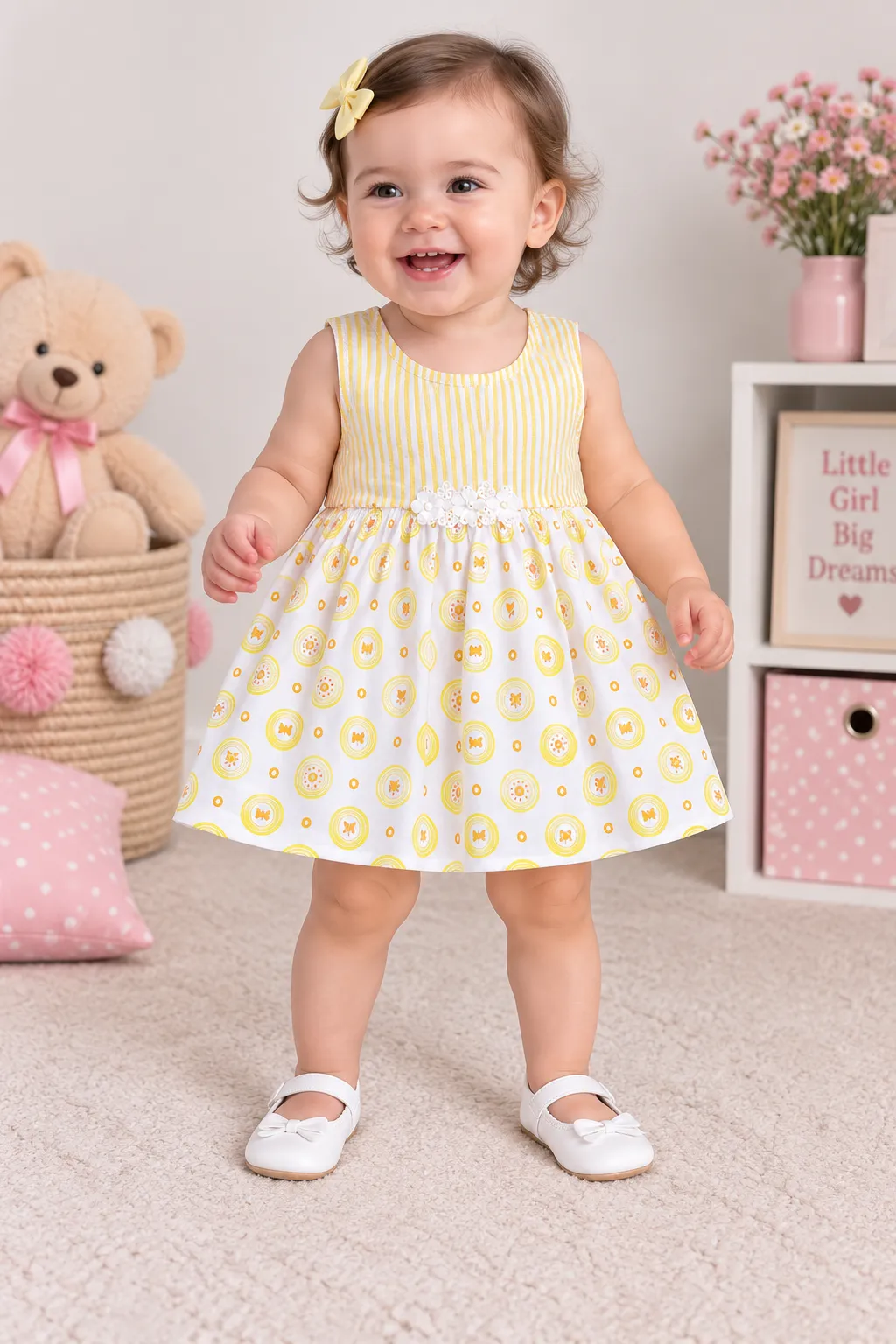 Kidex’s Girls’ Sleeveless Striped Summer Dress with Floral Detail – yellow color option