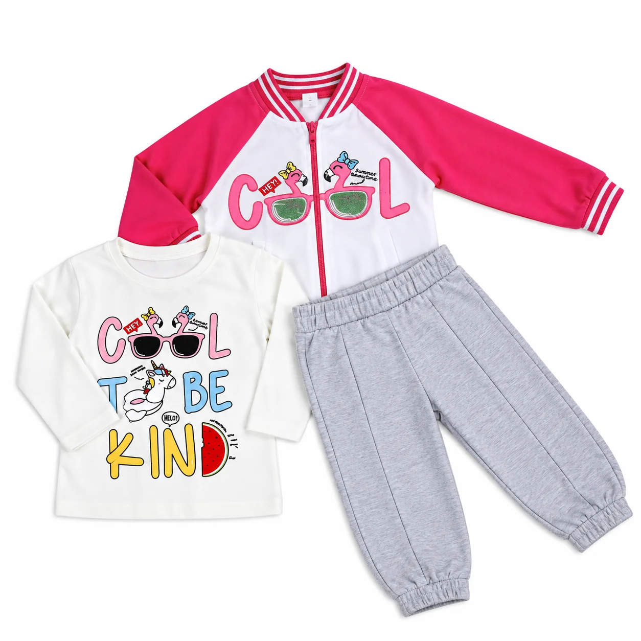 Kidex's Kids 3-Piece T-Shirt, Jacket & Pants Set + Printed Design + Cotton + White, pink & Gray / 3-Piece color option