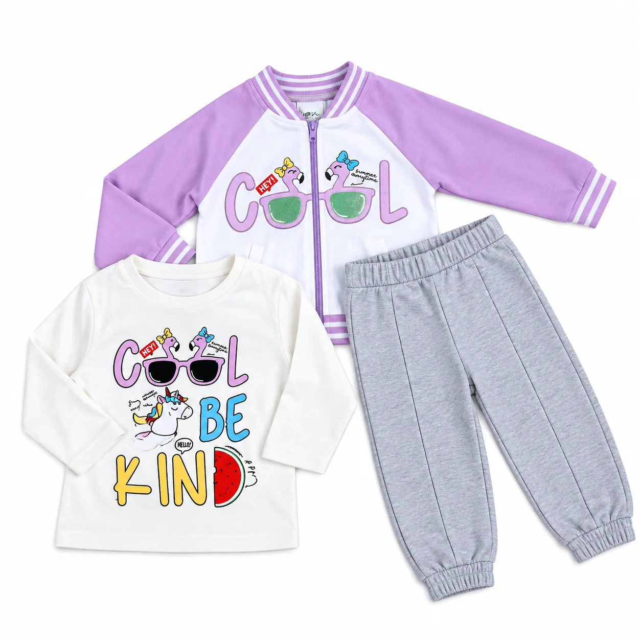 Kidex's Kids 3-Piece T-Shirt, Jacket & Pants Set + Printed Design + Cotton + White, purple & Gray / 3-Piece