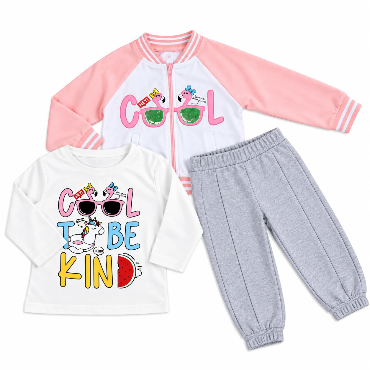 Kidex's Kids 3-Piece T-Shirt, Jacket & Pants Set + Printed Design + Cotton + White, pink & Gray / 3-Piece