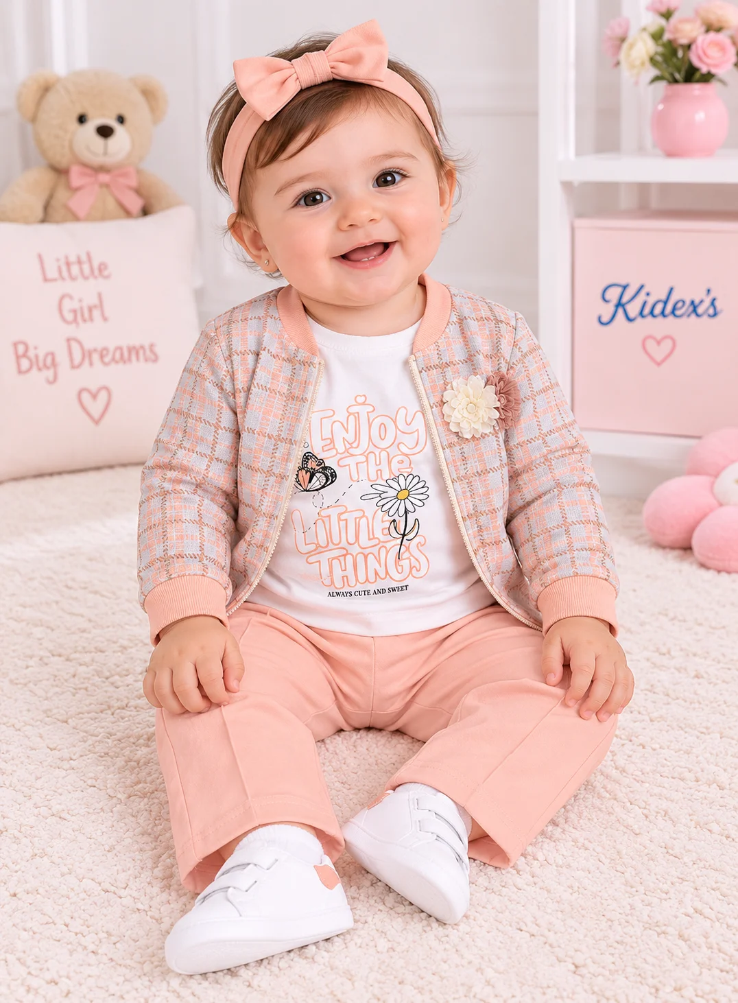 Kidex’s Girls’ 3-Piece Outfit Set – White Printed Top, Peach Checkered Cardigan & Peach Pants