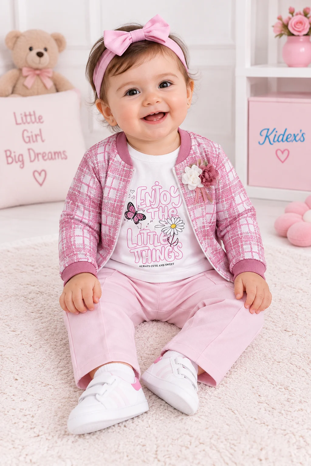 Kidex’s Girls’ 3-Piece Outfit Set – White Printed Top, Pink Checkered Cardigan & Pink Pants