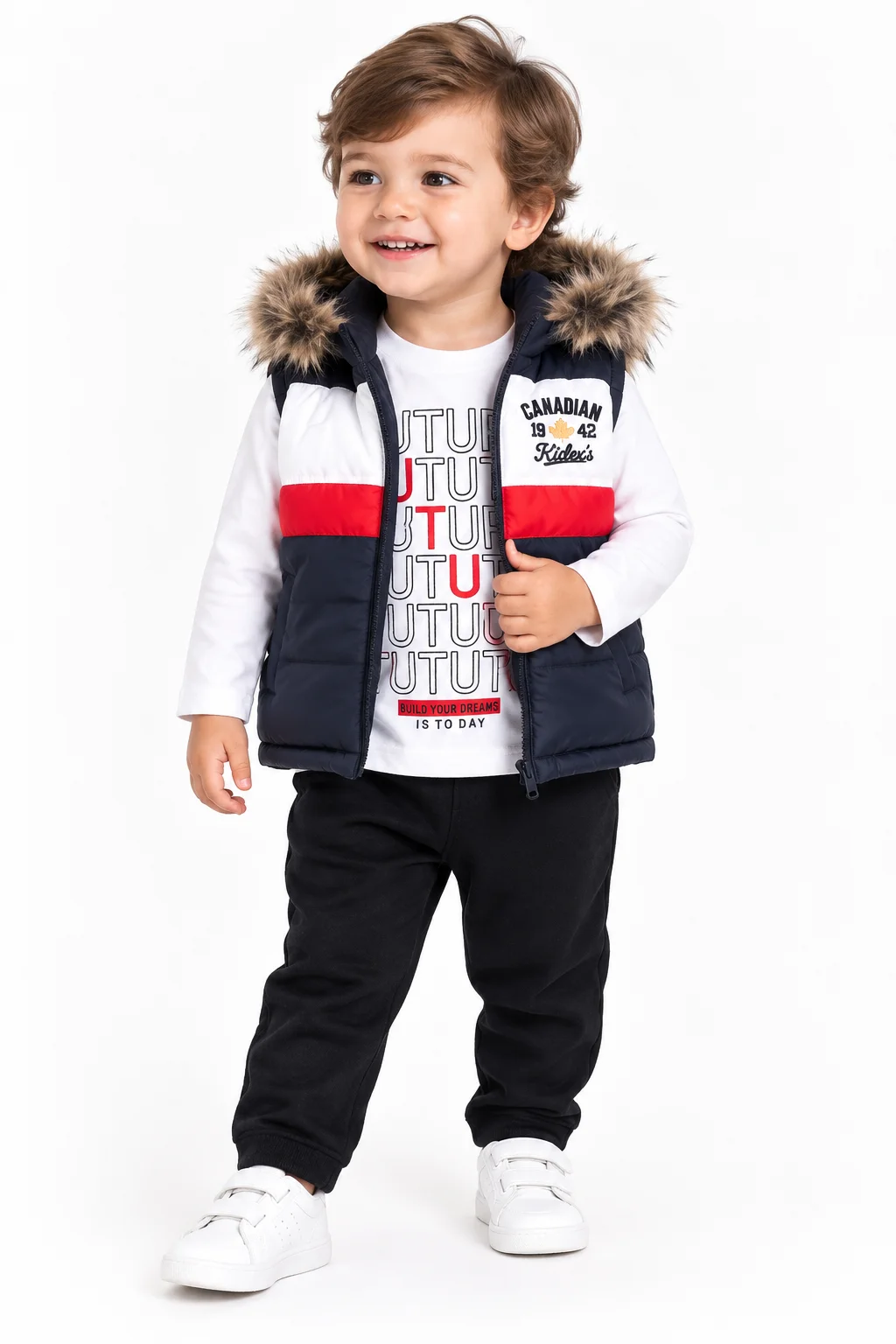 کیدێکس سێتی منداڵان تی‌شێرت و جاکێتی کڵاودار و پانتۆڵ + نەخشی FUTURE + کەتان + سپی و رەش ورەش  / ٣ پارچە