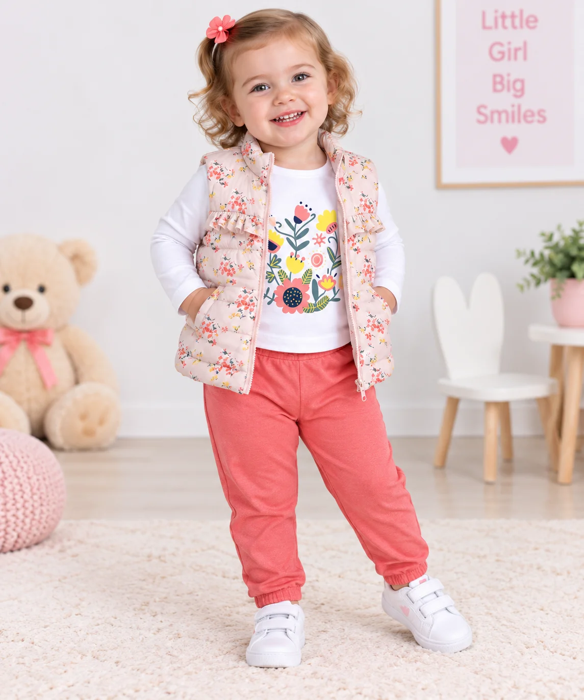 Kidex’s Baby Girls 3-Piece Floral Outfit Set – Long-Sleeve Top, Floral Vest & Coral Pink Pants