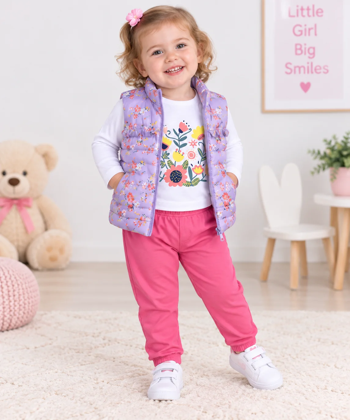 Kidex’s Baby Girls 3-Piece Floral Outfit Set – Long-Sleeve Top, Floral Vest & Pink Pants