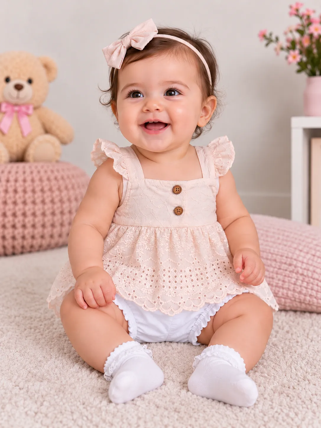 Kidex’s Baby Girls Lace dress& Bloomers Set – Beige & White