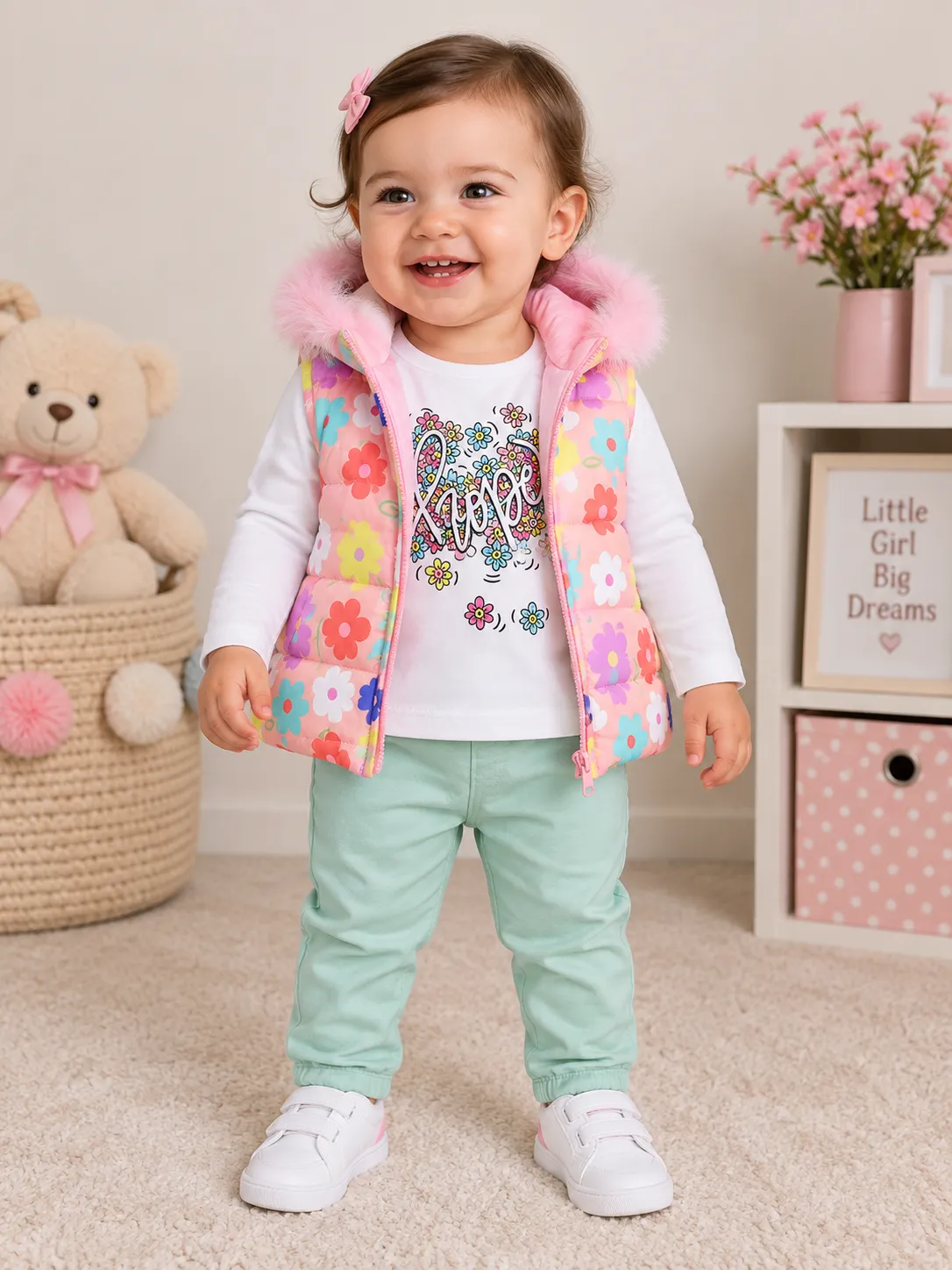 Kidex’s Girls 3-Piece Floral Hooded Vest, Long-Sleeve T-Shirt & Pants Set-green