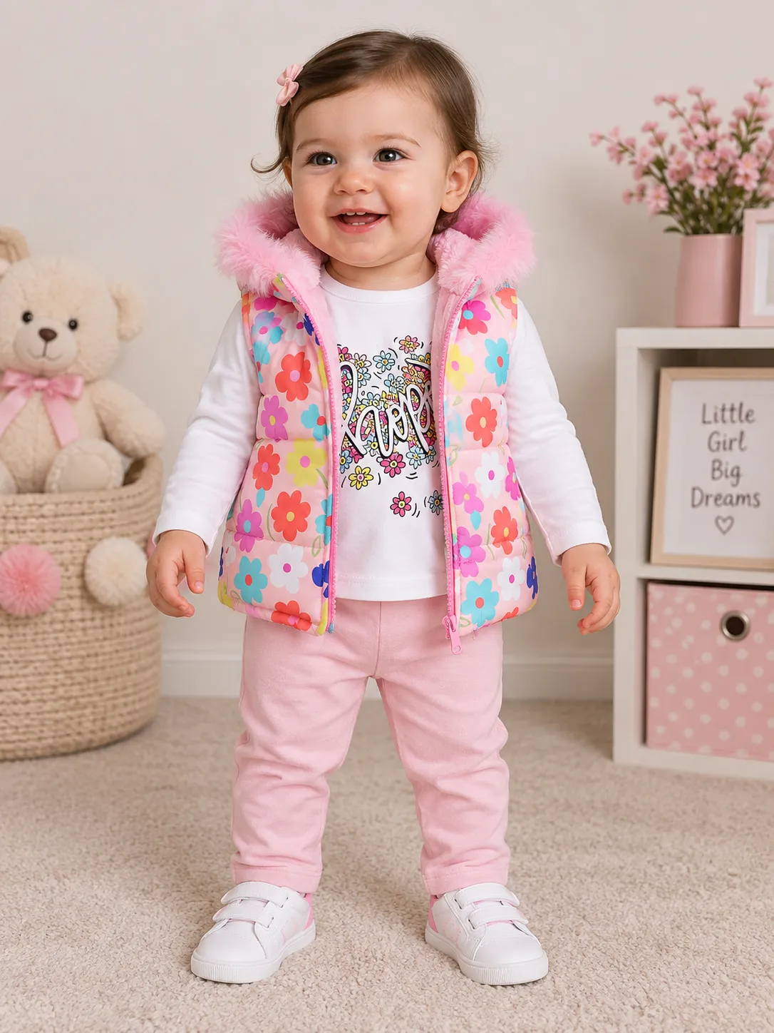 Kidex’s Girls 3-Piece Floral Hooded Vest, Long-Sleeve T-Shirt & Pants Set-pink