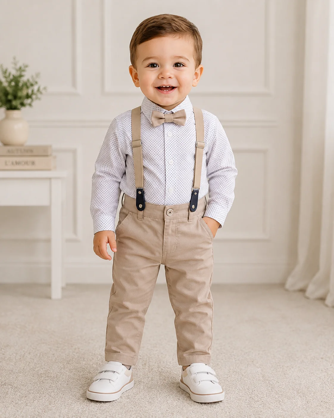Kidex's Boys’ 3-Piece Set – Long-Sleeve Shirt, Suspenders, Bow Tie & Pants –White & Beige color option