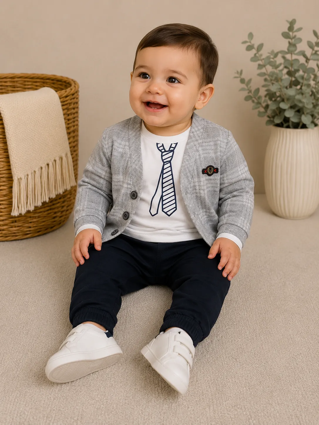 Kidex’s Boys 3-Piece Formal Set – Plaid Cardigan, Tie-Print Long Sleeve Shirt & Black Pants
