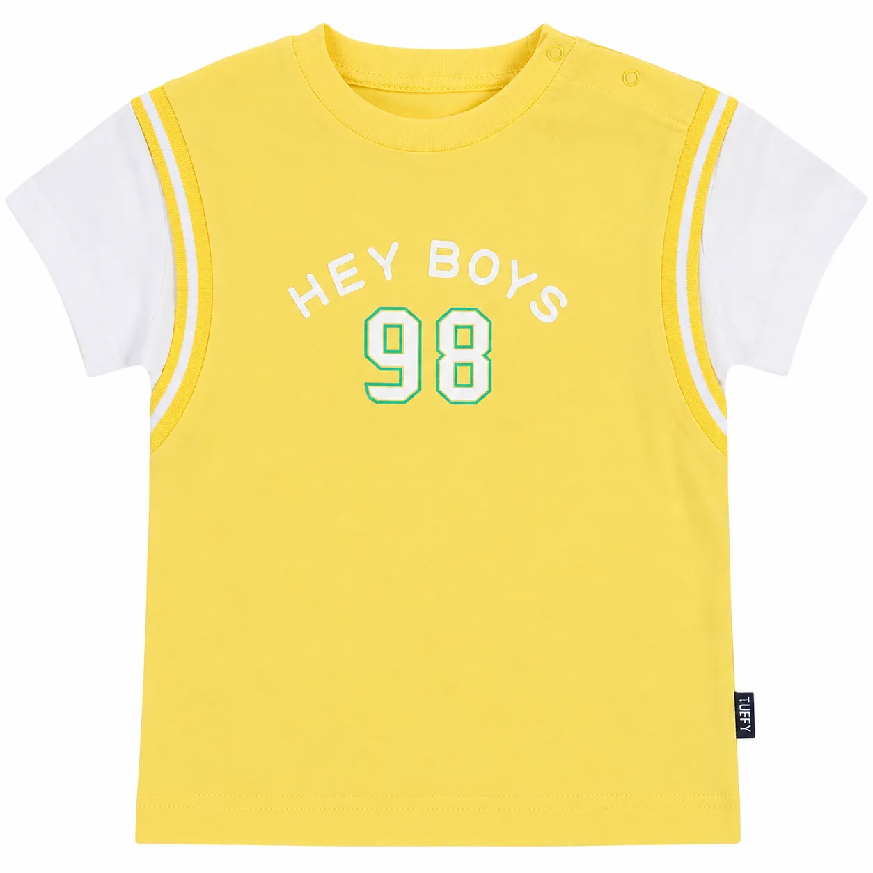 Tuffy Boys T-Shirt – HEY BOYS 98 Print Design – Short Sleeve Cotton – Light Yellow & White