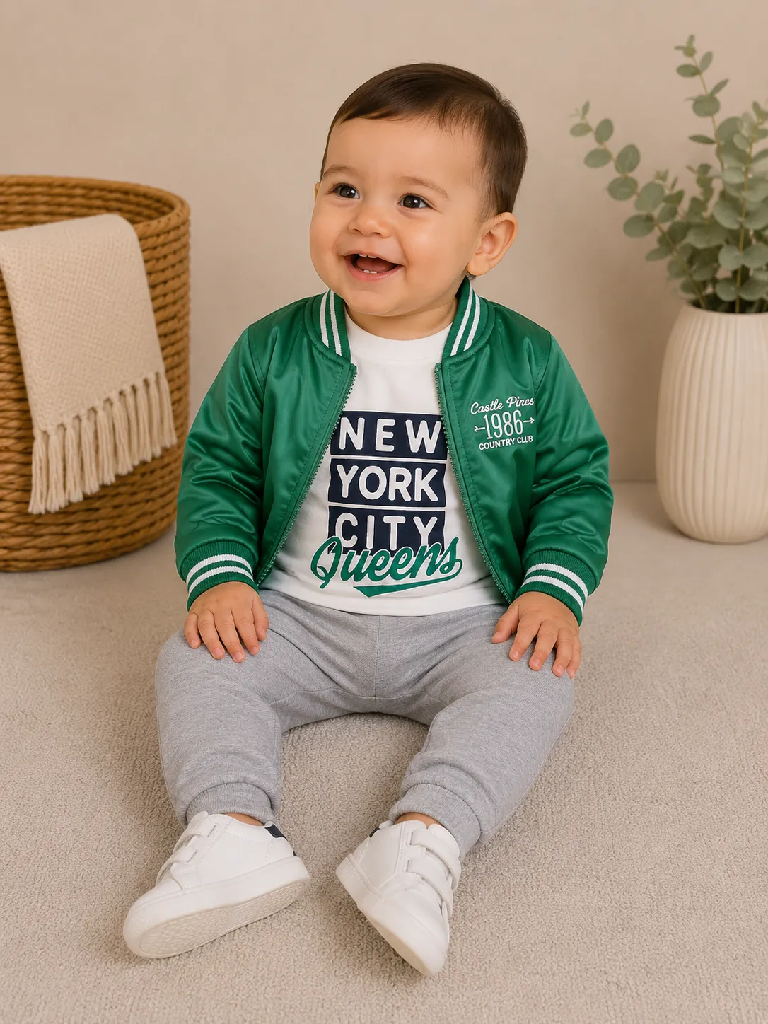 Kidex's Boys 3-Piece Outfit Set – green Bomber Jacket, Printed Long-Sleeve T-Shirt & Gray Pants