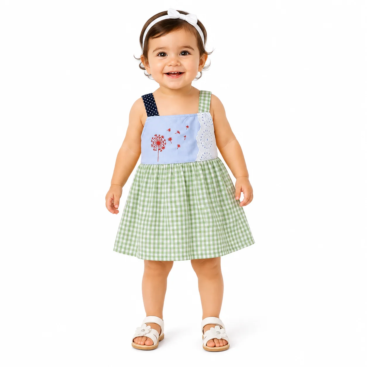 Kidex's Baby Girls’ Sleeveless Gingham Dress with Floral Embroidery –green & White