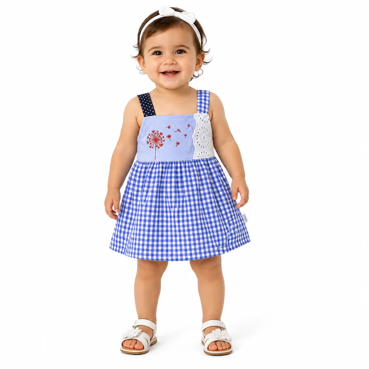 Kidex's Baby Girls’ Sleeveless Gingham Dress with Floral Embroidery – blue& White