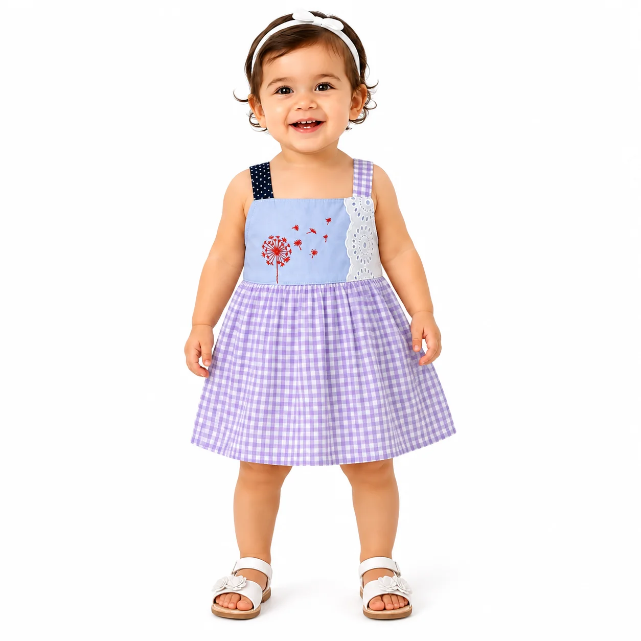 Kidex's Baby Girls’ Sleeveless Gingham Dress with Floral Embroidery – purple & White