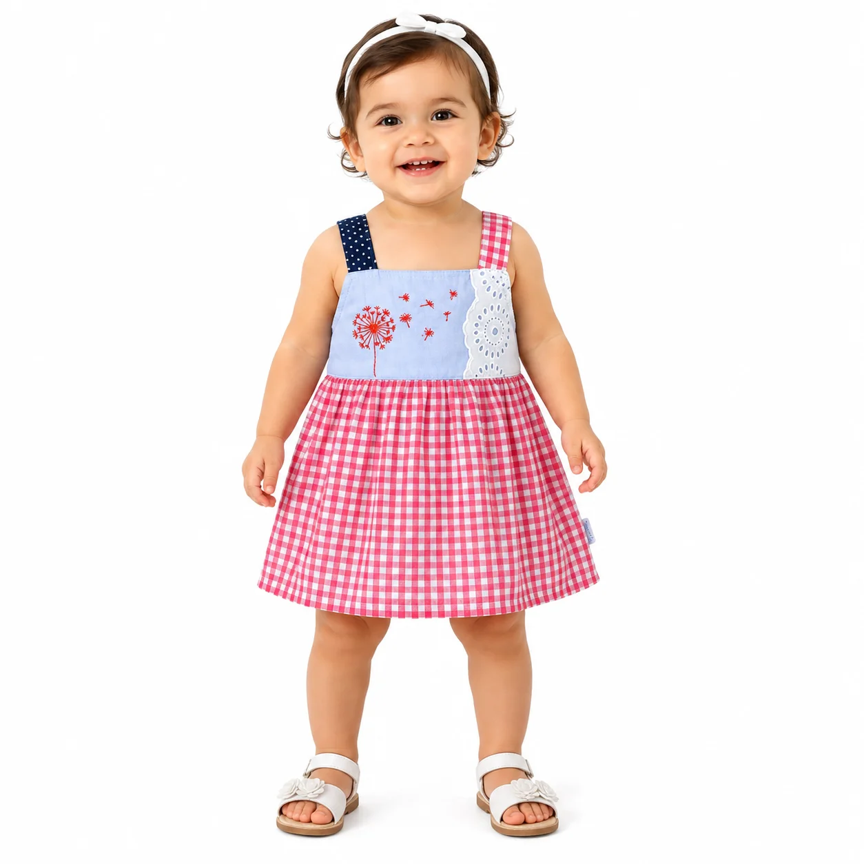 Kidex's Baby Girls’ Sleeveless Gingham Dress with Floral Embroidery – pink & White color option