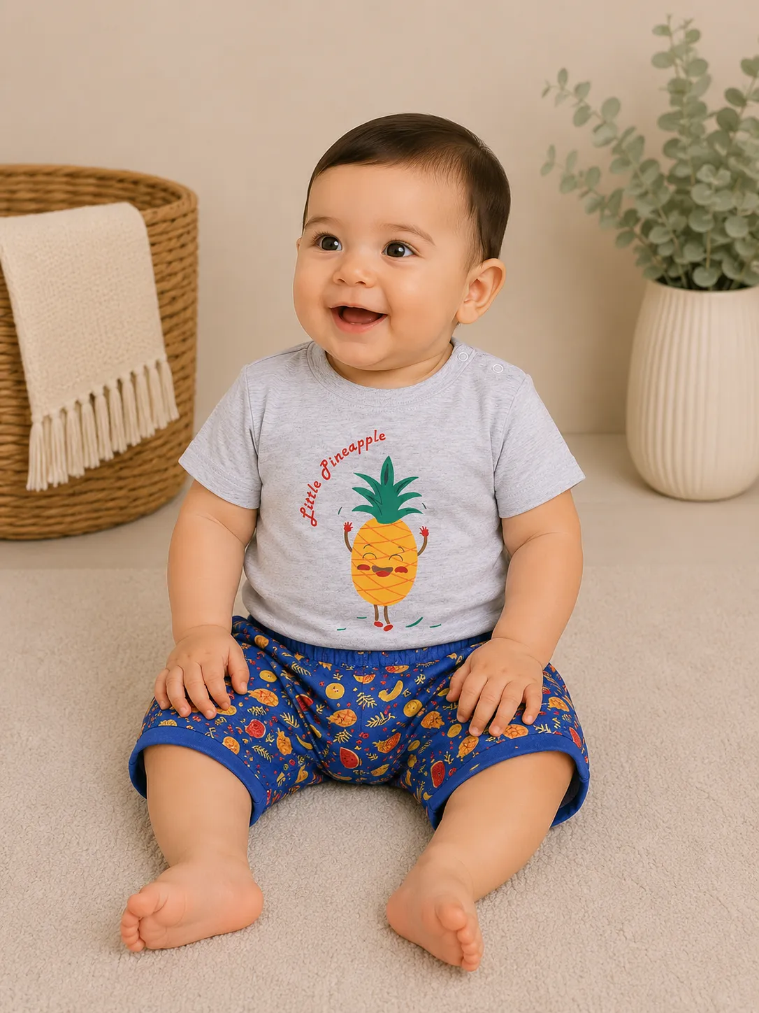 Kidex’s Kids Pineapple Print T-Shirt & Fruit Print Shorts Set – gray & Blue