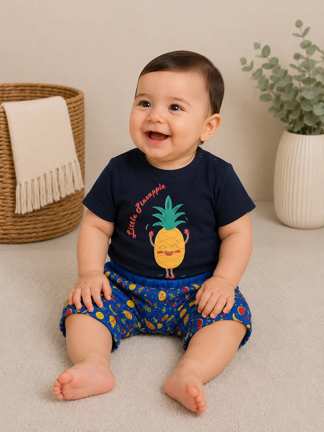 Kidex’s Kids Pineapple Print T-Shirt & Fruit Print Shorts Set – black  & Blue color option
