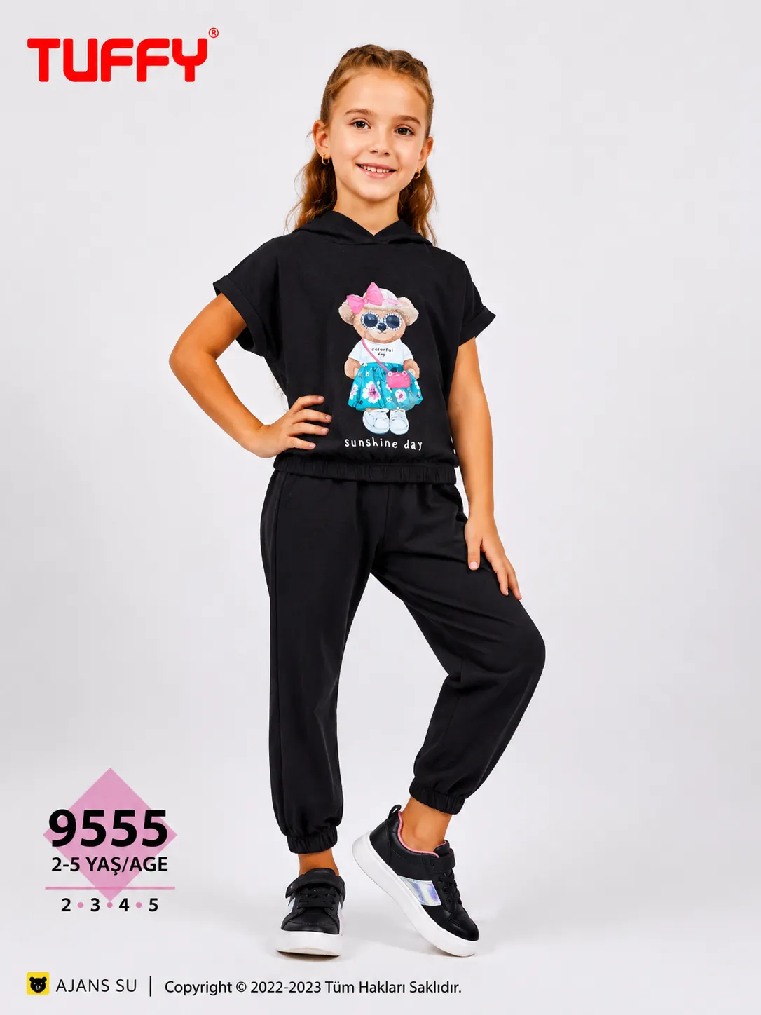 Tuffy Girls Hooded Tracksuit Set – Teddy Bear Print – Soft Cotton – Short Sleeve Top & Jogger Pants –black color option