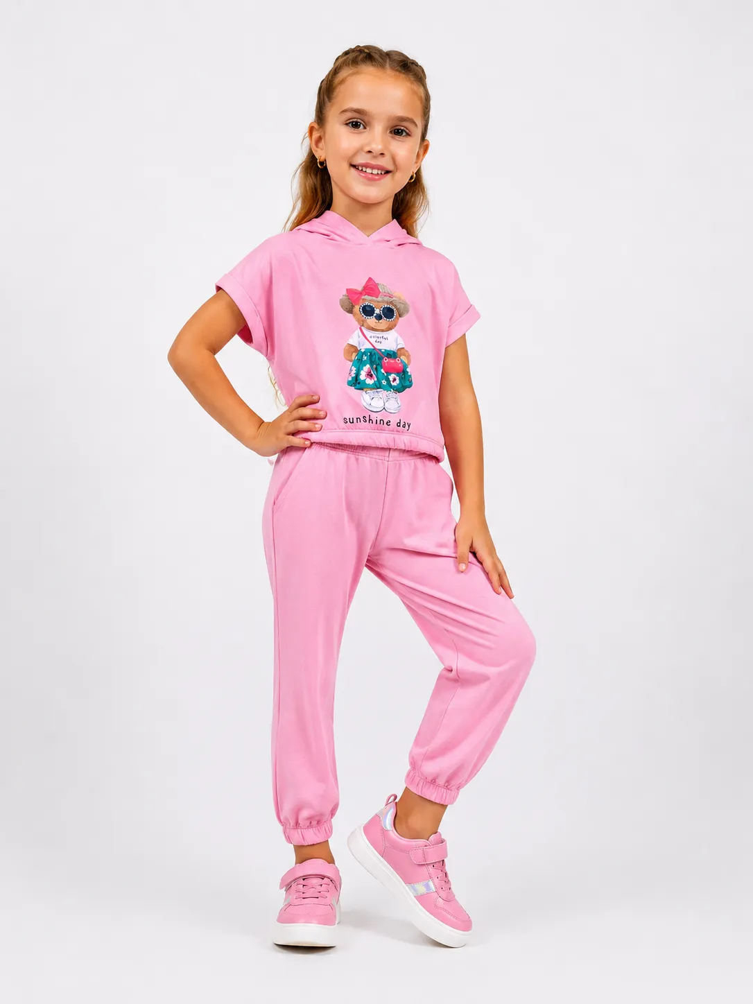 Tuffy Girls Hooded Tracksuit Set – Teddy Bear Print – Soft Cotton – Short Sleeve Top & Jogger Pants –Pink color option