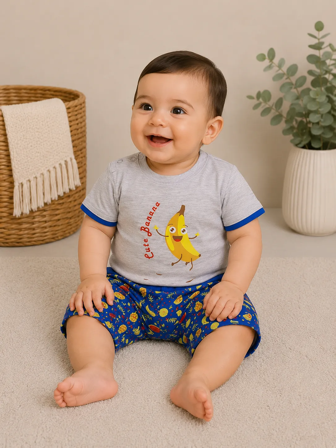 Kidex’s Baby Boys’ 2-Piece Banana Print T-Shirt & Shorts Set – Gray & Blue