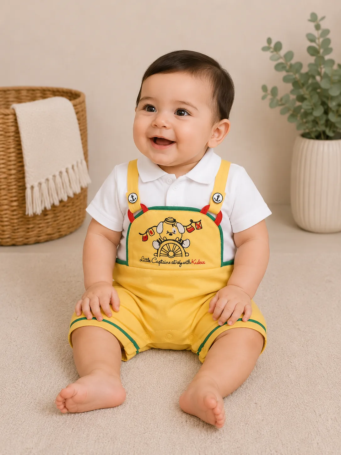Kidex’s Baby Boys’ Short-Sleeve Polo Romper with Sailor Embroidery & Suspender Design – yellow& White