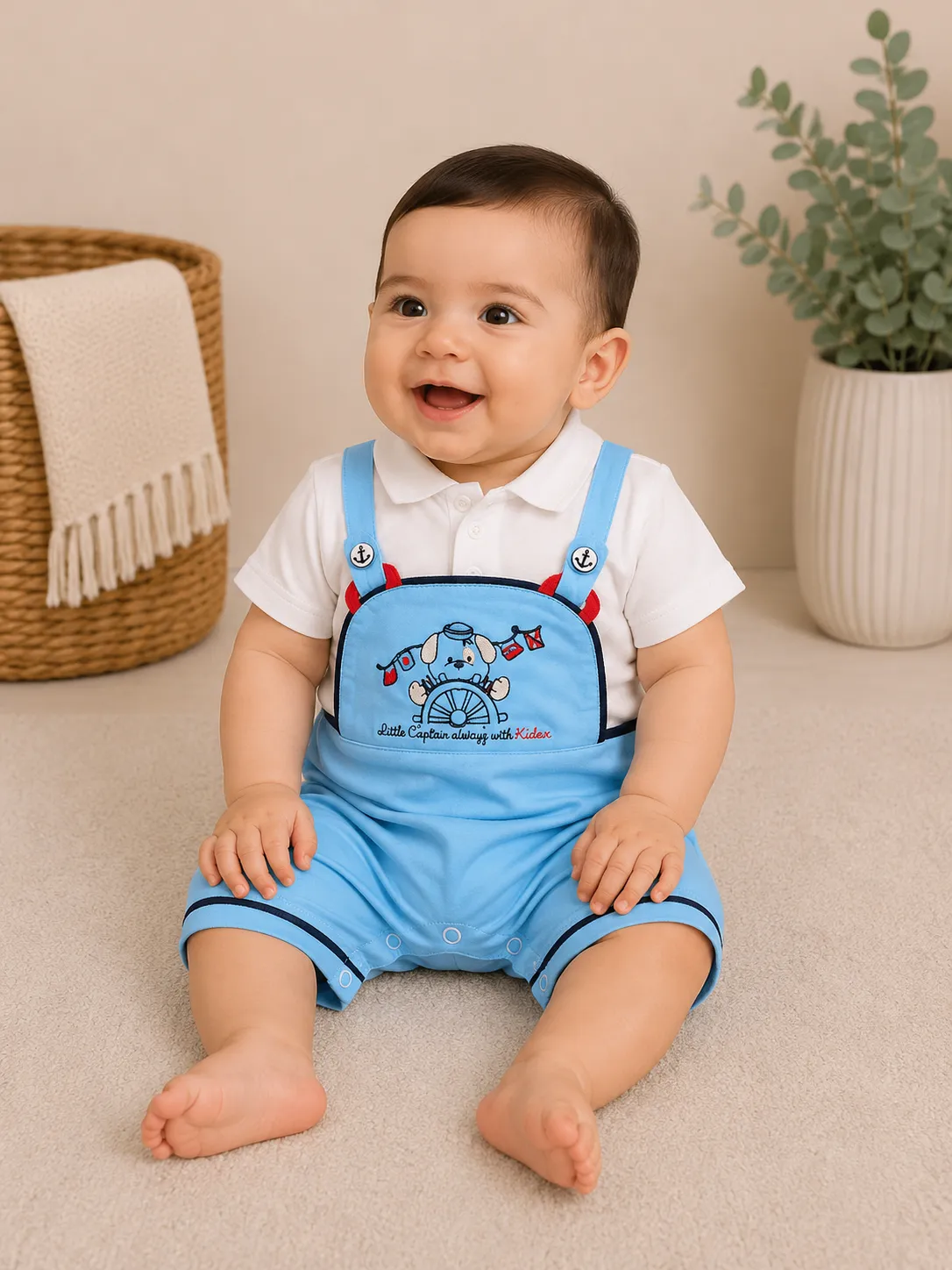 Kidex’s Baby Boys’ Short-Sleeve Polo Romper with Sailor Embroidery & Suspender Design – blue & White color option