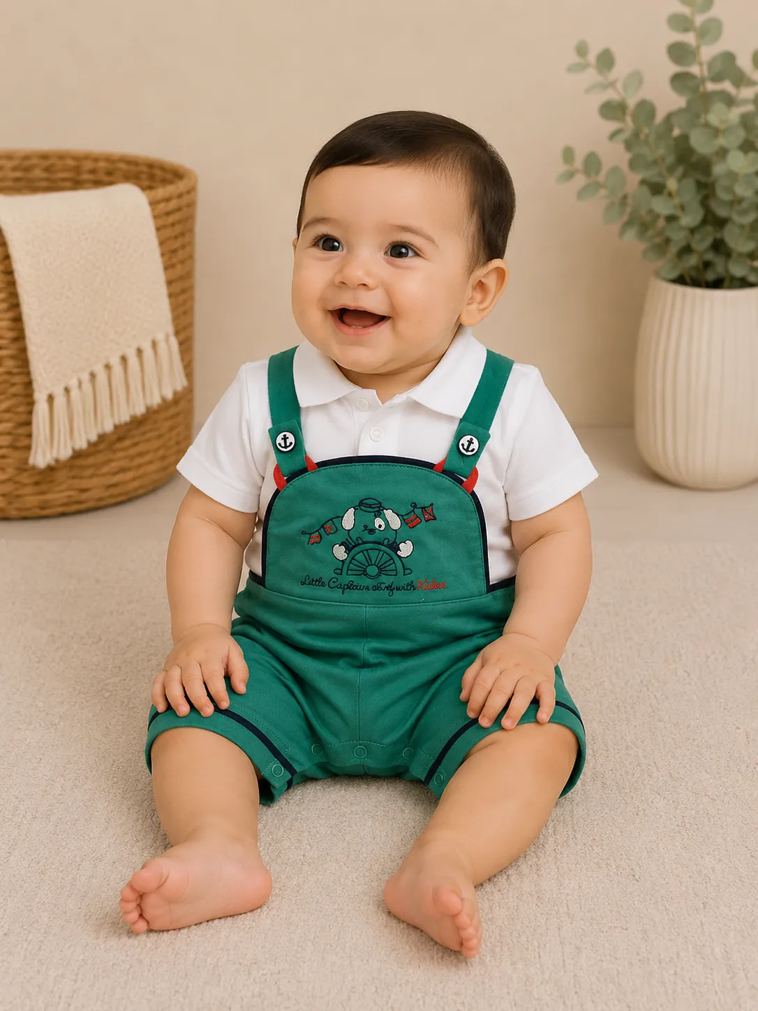 Kidex’s Baby Boys’ Short-Sleeve Polo Romper with Sailor Embroidery & Suspender Design – Green & White color option