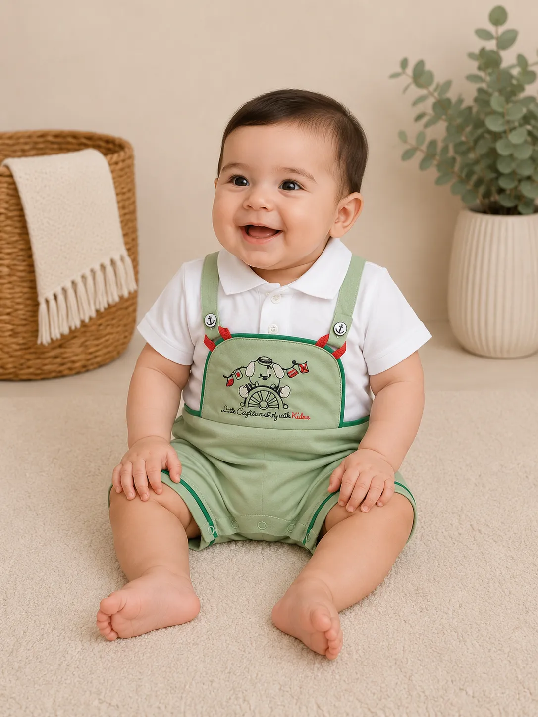 Kidex’s Baby Boys’ Short-Sleeve Polo Romper with Sailor Embroidery & Suspender Design – Green & White color option